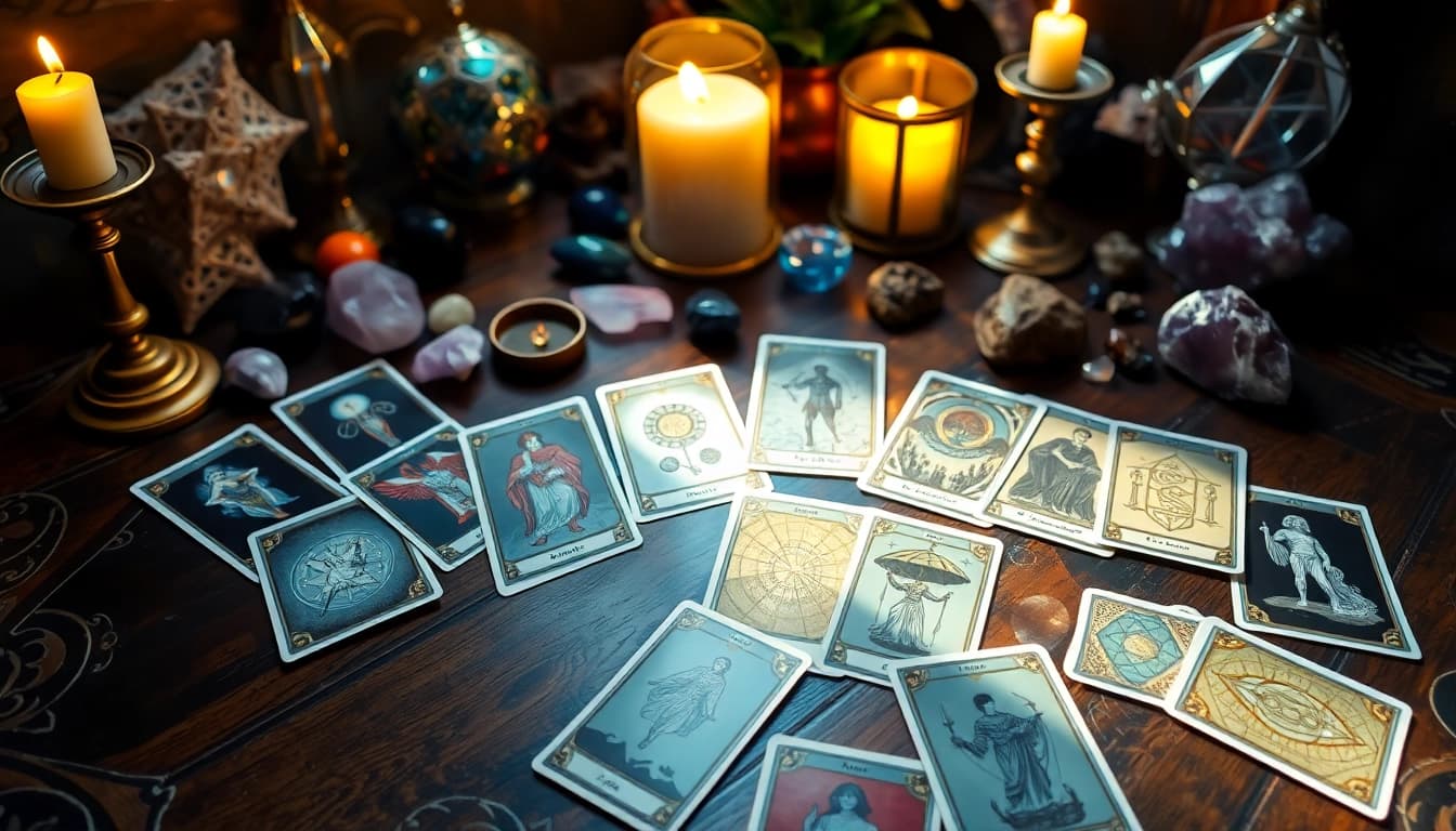 Verstehen von tarotkarten bedeutung durch eine vielfältige Auswahl an Tarotkarten auf einem eleganten Holztisch.