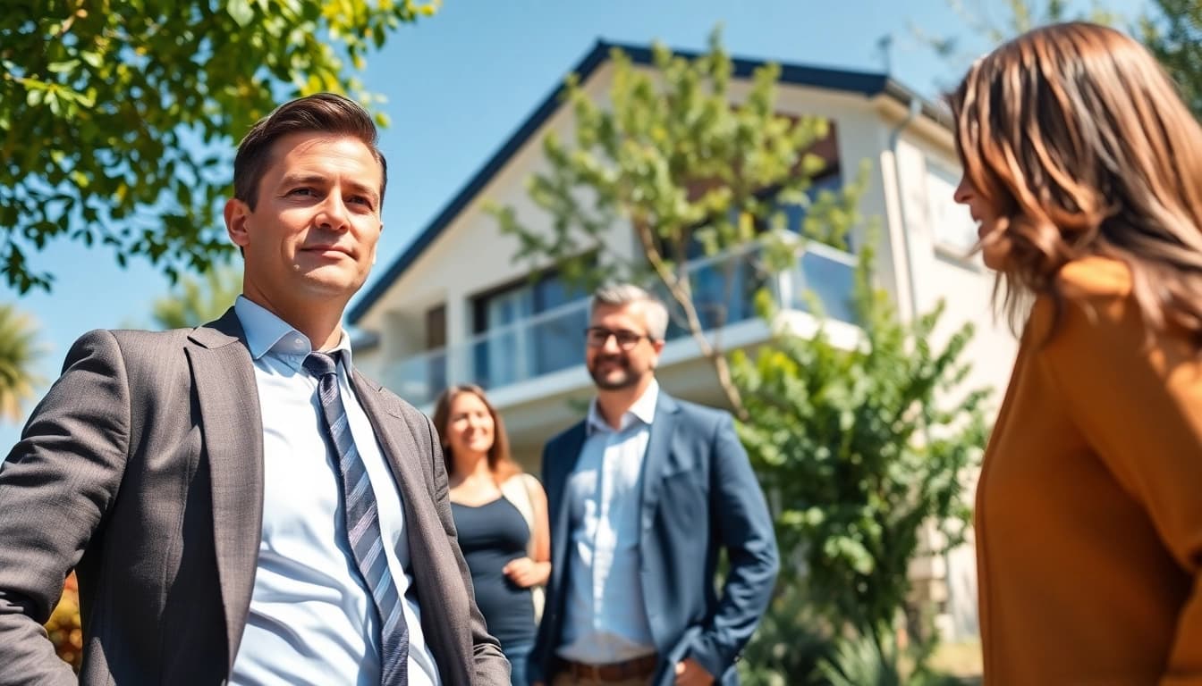 Immobilienmakler Frankfurt Eckenheim berät Kunden vor malerischem Wohnhaus.
