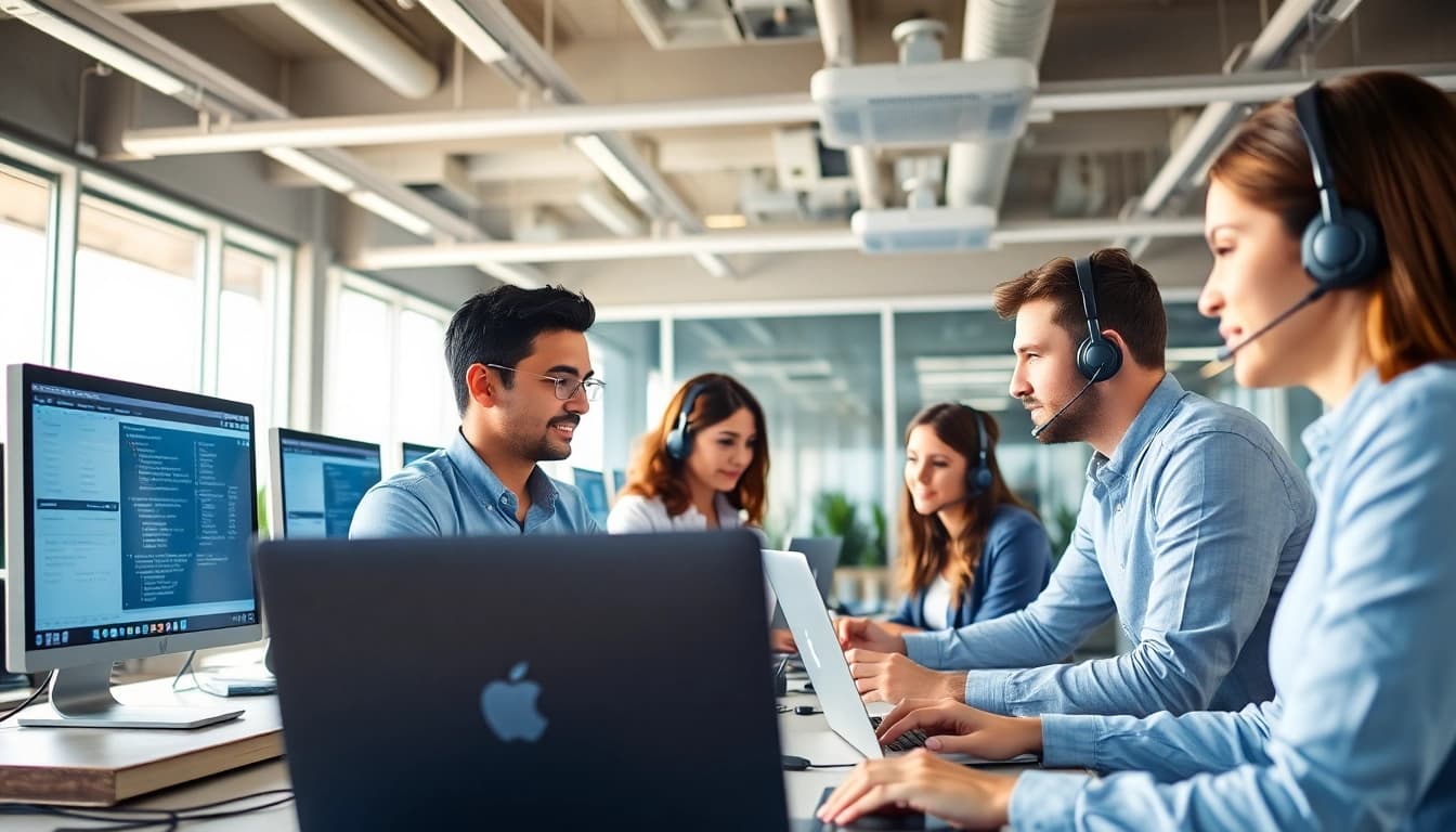 IT Support team assisting clients in a modern office workspace.