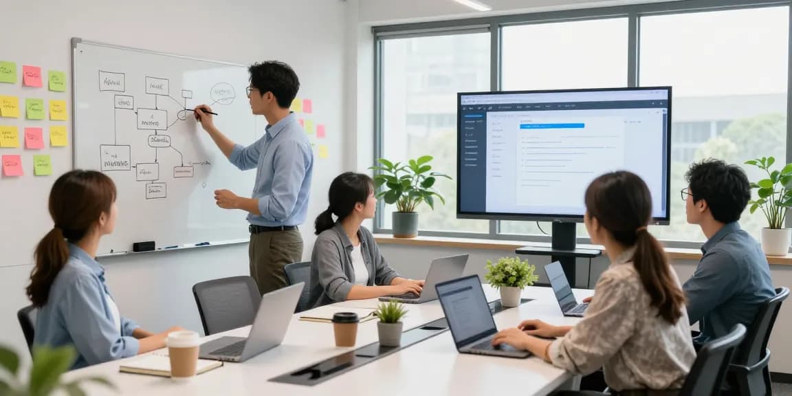 Build internal tools with AI in a collaborative office setting showcasing diverse professionals engaging in tool development.