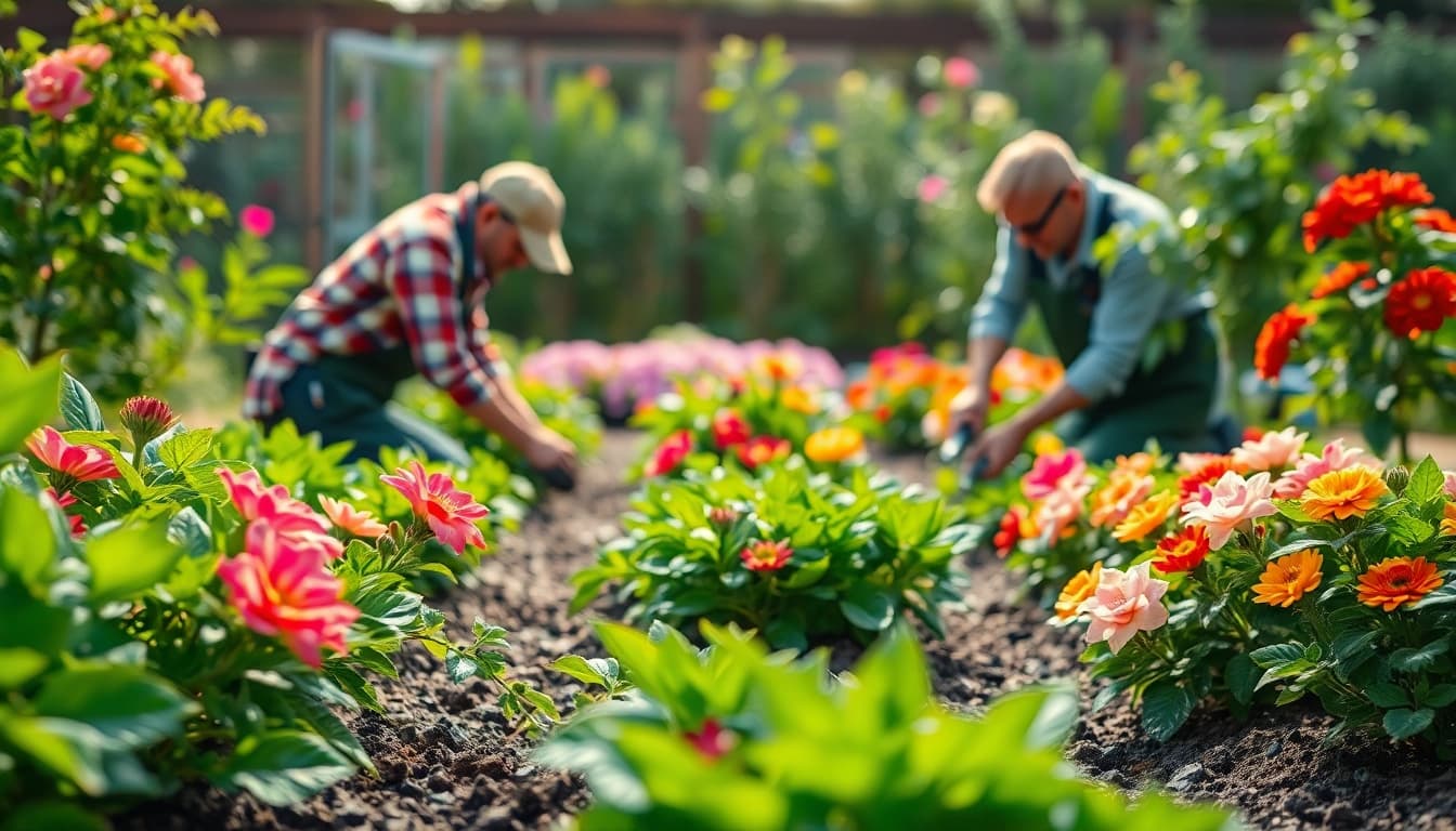 Gartenbaubetrieb mit professionellen Gärtnern in einem blühenden Garten, der Pflanzen pflegt.