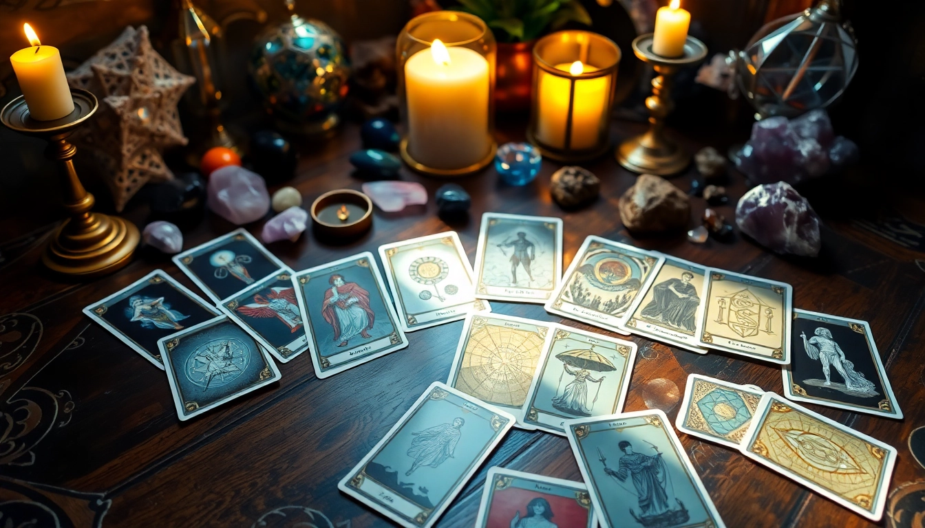 Verstehen von tarotkarten bedeutung durch eine vielfältige Auswahl an Tarotkarten auf einem eleganten Holztisch.