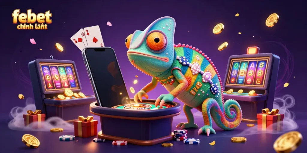 Experience high-stakes gaming with febet chính hãng in a vibrant, cartoon casino scene filled with excitement.