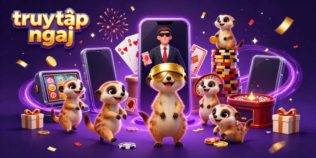 Experience the excitement and strategy of casino gaming with "truy cập ngay," featuring meerkats in a dynamic casino scene.