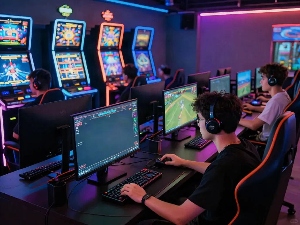 Dynamic online gaming lounge at https://nbet.group/ with players engaging in sports betting and slot machines.