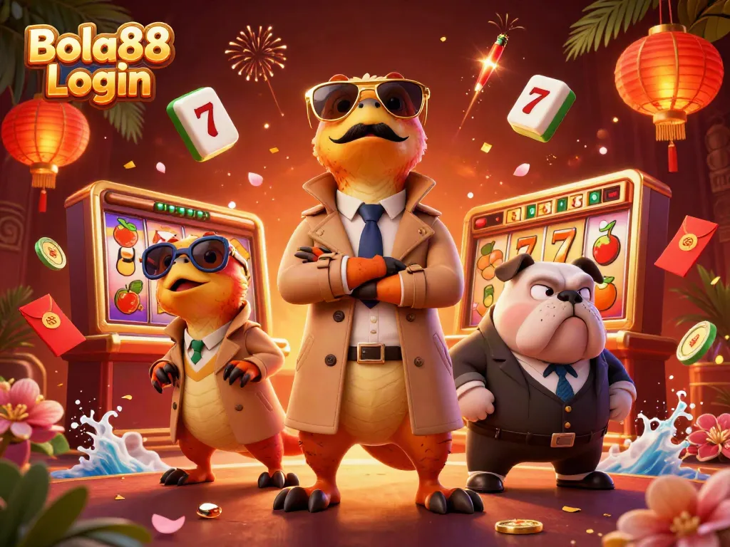 Engage in Bola88 Login with fun characters and vibrant casino symbols in an exciting 3D scene.