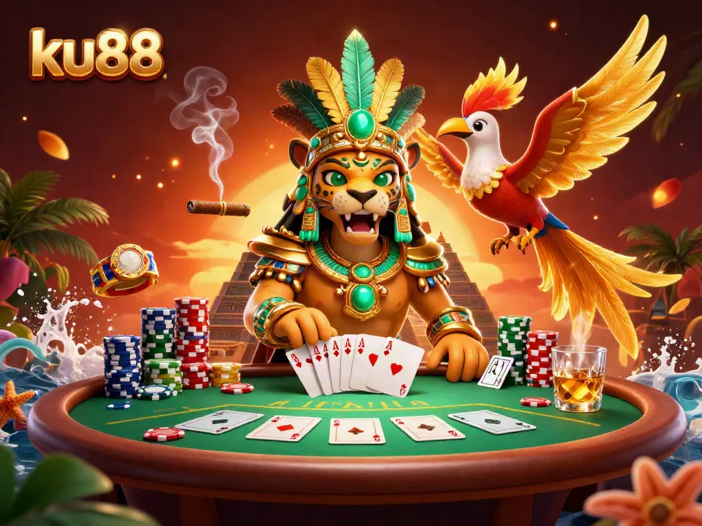 Join the excitement at ku88 with vibrant poker action featuring a Mayan jaguar priest and his quetzal friend.
