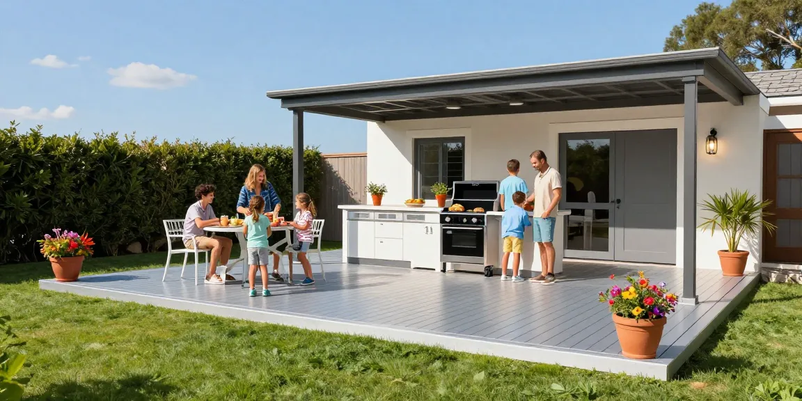 Terrassenüberdachung als elegante Lösung für den Genuss von sonnigen Tagen im Freien mit Familie.