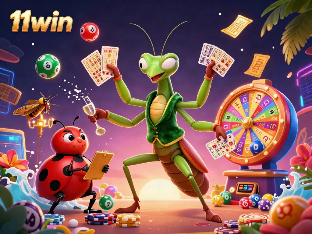 Engaging 11win casino scene featuring a giant mantis and a ladybug in a vibrant, dynamic environment.