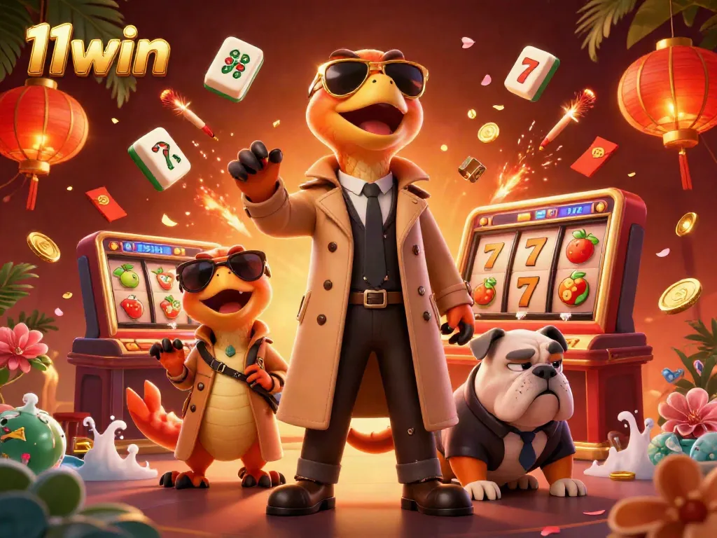 Experience the thrilling entrance of "11win" with raptors in disguise at a vibrant casino lounge.