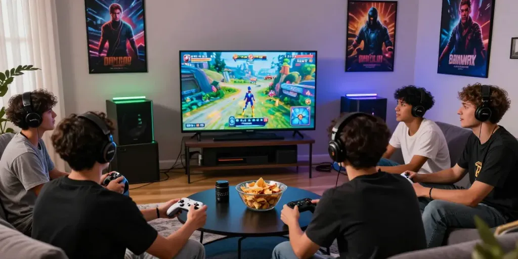 Group enjoying a gaming session with rokok88 games in a cozy atmosphere.
