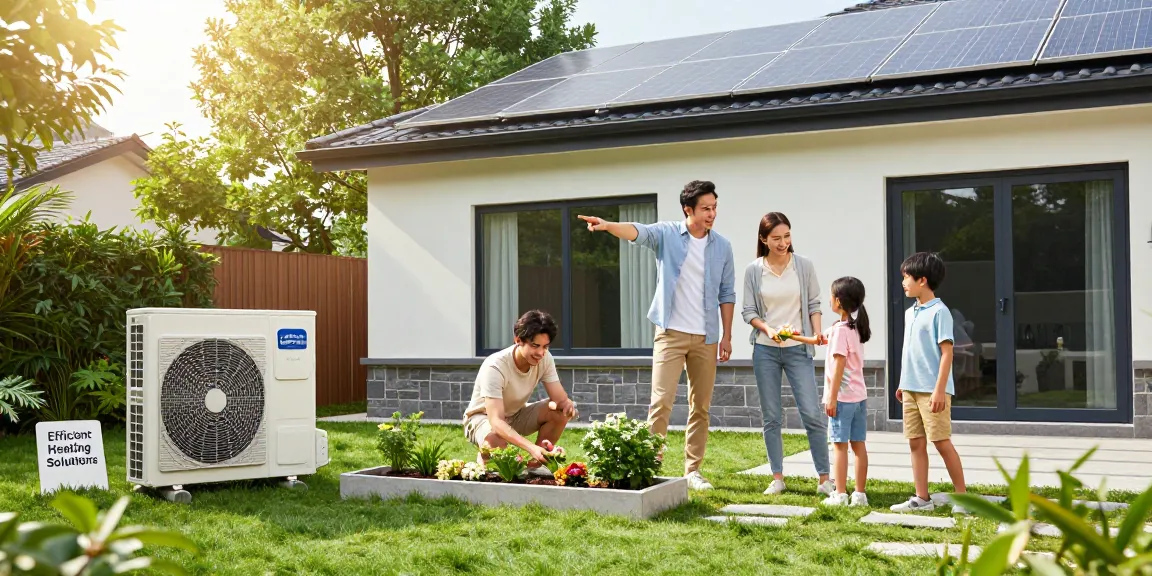 wärmepumpe kaufen - Family discussing energy-efficient heat pumps in a modern garden setting