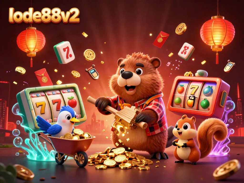 Join lode88v2 for thrilling slot action illustrated by a cartoon beaver and friends raining gold coins!