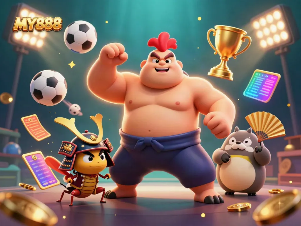 Engage in gaming action at MY888 with a powerful sumo rooster, fierce cricket, and dynamic sports elements.