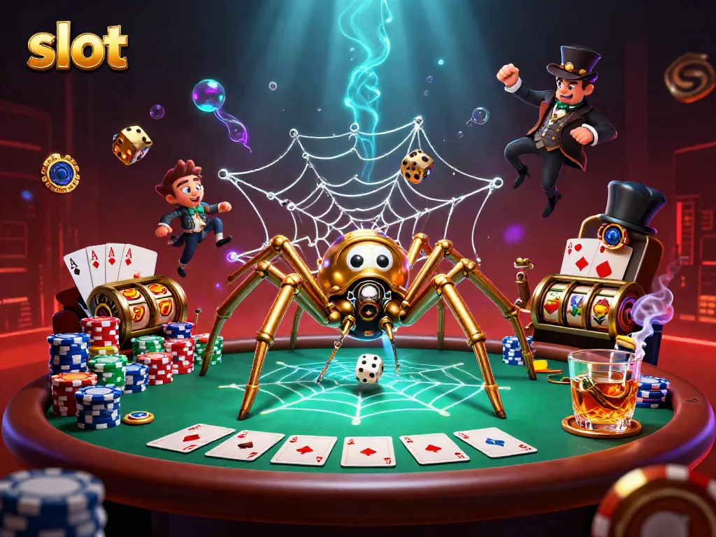 Engage with the slot experience in this detailed casino illustration showcasing a steampunk spider and vibrant game elements.