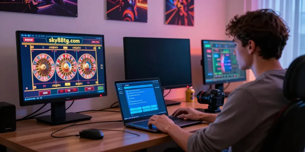 Engaged user gaming on https://sky88tg.com/ with vibrant casino graphics in a cozy home office.