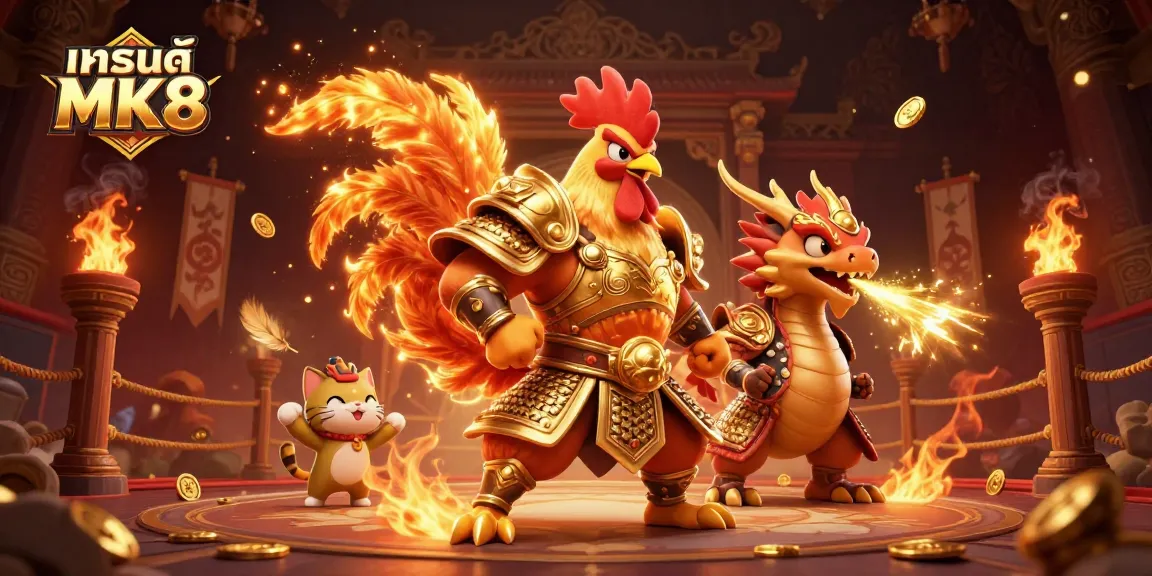 Engage withแบรนด์ MK8's dynamic gambling universe featuring a warrior rooster and fiery dragon!