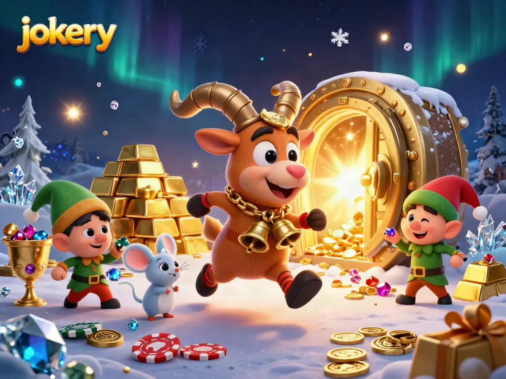 Engage with jokery's festive casino scene featuring unique characters and treasures.