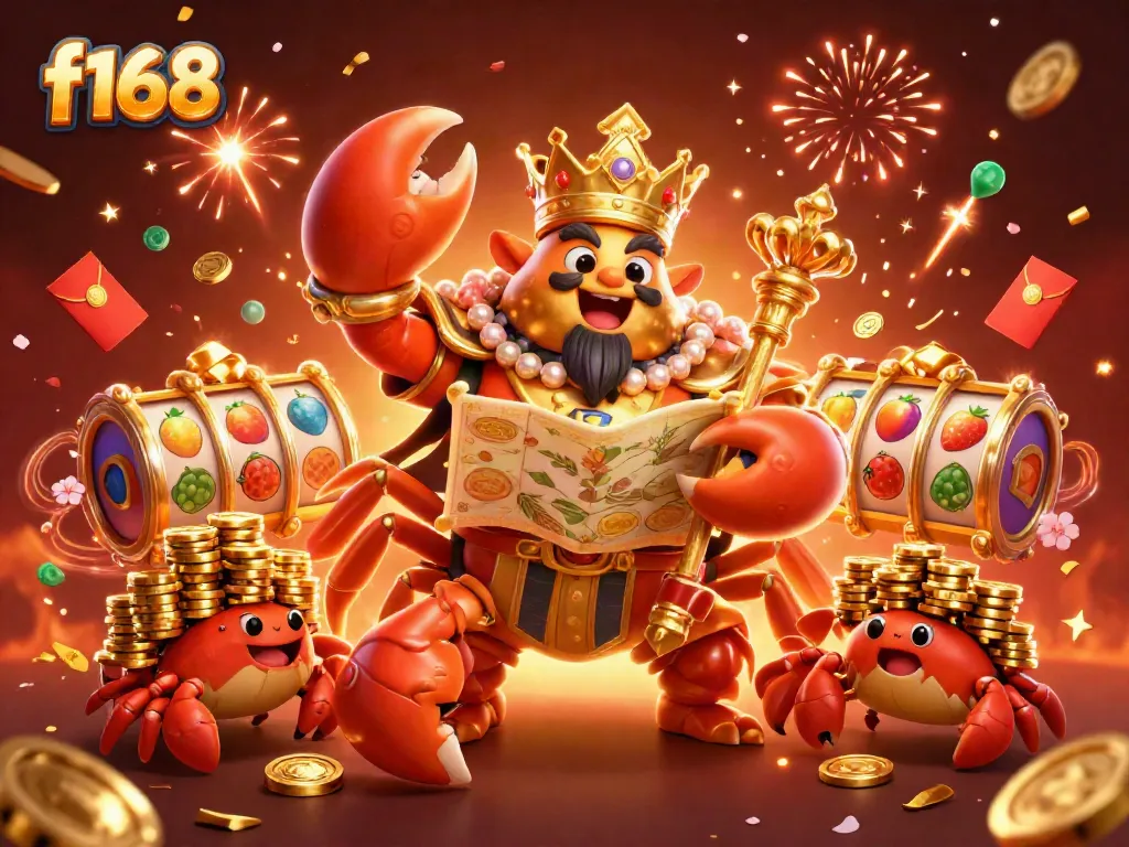 Experience thrilling gameplay at f168 with a lively 3D illustration of a golden crab emperor, slot reels, and festive elements.