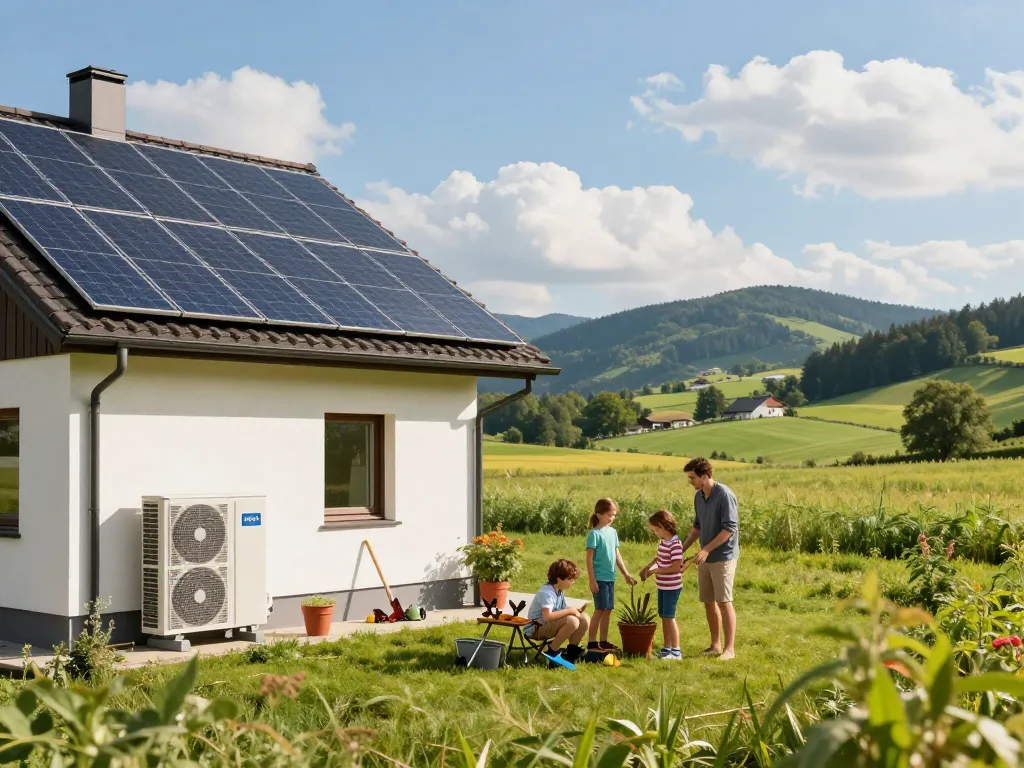 Photovoltaik Bayern Installation an einem modernen Zuhause in malerischer Landschaft mit einer Familie, die die Natur genießt.