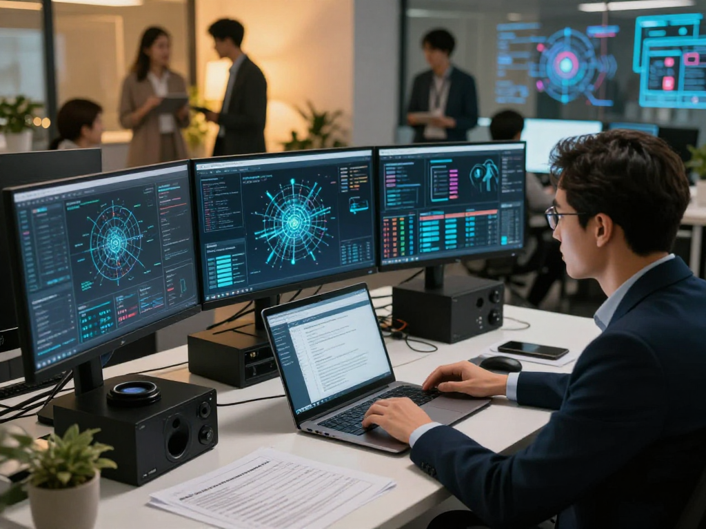 Daten- und IT-Sicherheitsdienstleistung in moderner Büroumgebung mit Experten, die Sicherheitsanalysen durchführen.