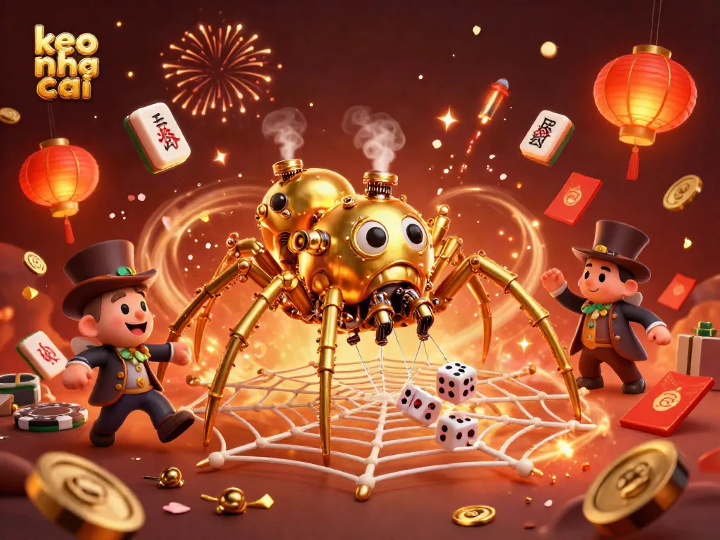 Experience the excitement of keo nha cai with a vibrant illustration of a steampunk spider capturing dice.