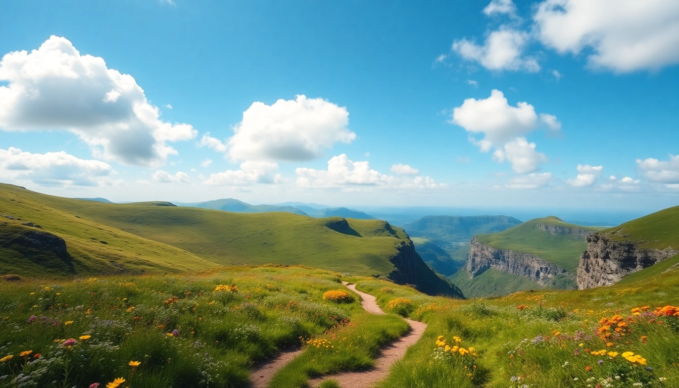 Erleben Sie den Kerry Way Fernwanderweg mit malerischer Aussicht auf grüne Hügel und blühende Wildblumen.