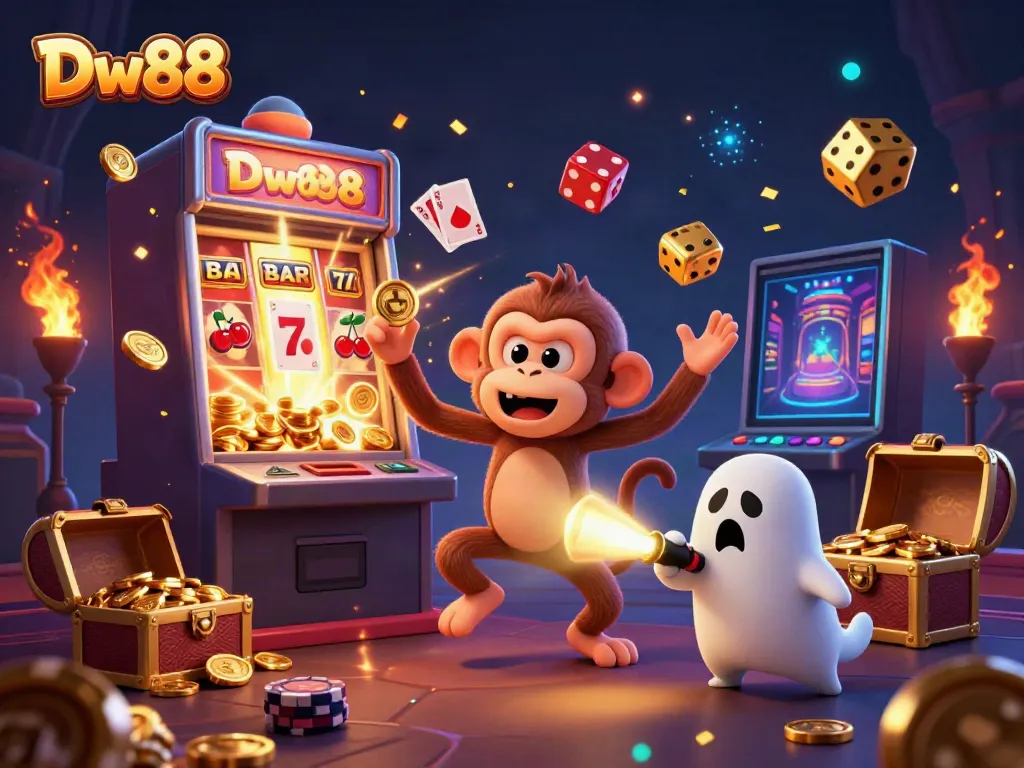 Experience thrilling gameplay at Dw88 with a poltergeist monkey juggling casino treasures in a haunted scene.