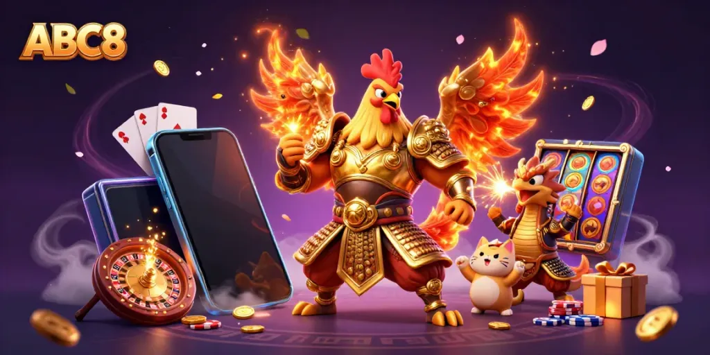 Experience the thrill of ABC8 with a powerful rooster warrior and dragon hatchling in a vibrant, game-filled world.