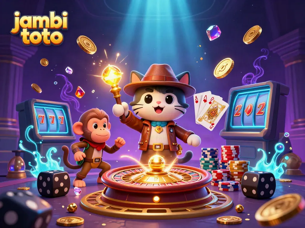 Embark on a treasure hunt in ancient casino ruins with jambi toto's thrilling gameplay, featuring an explorer cat and vibrant game elements.