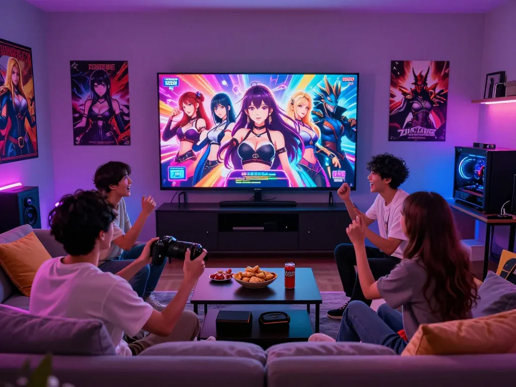 Friends enjoying an online porn game on a large screen with colorful graphics and an immersive atmosphere.