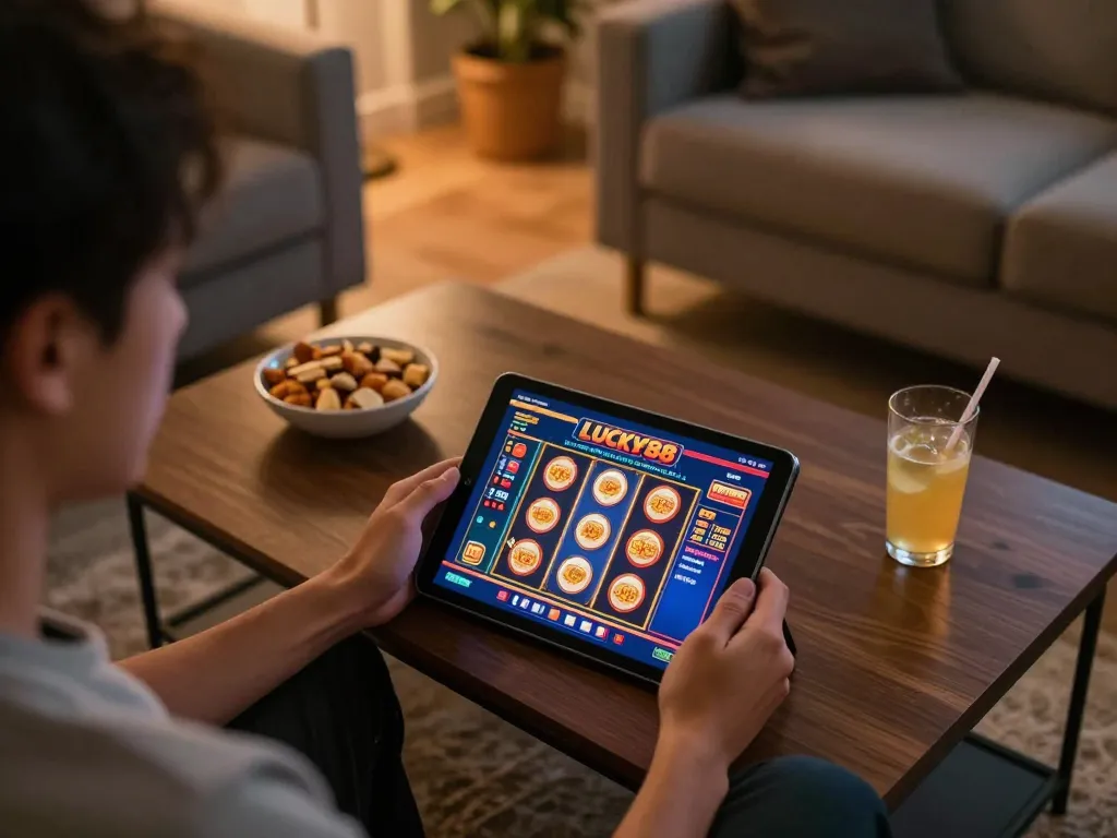 Player engaging with LUCKY88 on a tablet during an immersive online gaming experience at home.