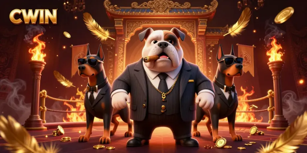 CWIN Casino with a mafia bulldog boss surrounded by betting tokens and golden coins