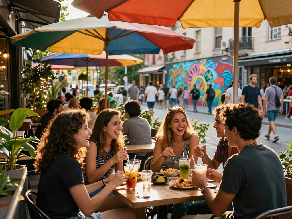 Friends enjoying drinks at a café, embodying the relaxed vibe of rokok88 in a vibrant city.