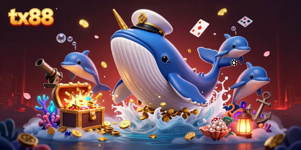 Engage with tx88's thrilling online casino experience featuring a colorful scene of playful characters and poker elements.
