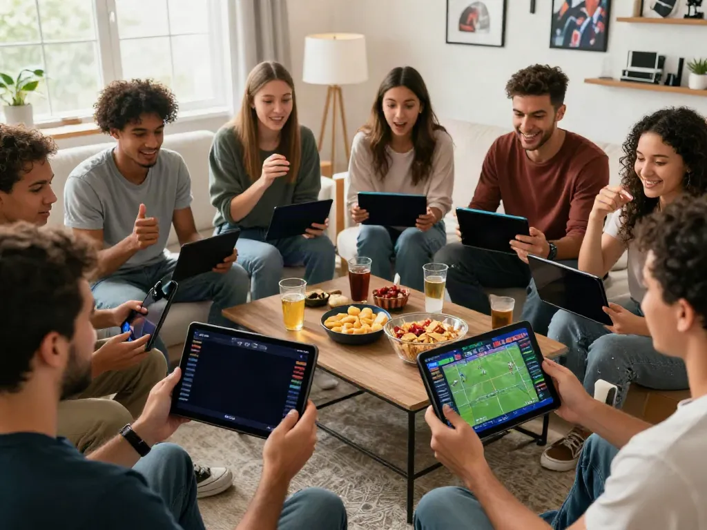 Young adults enjoying online betting experience at https://du88az.net/ in a modern living room.