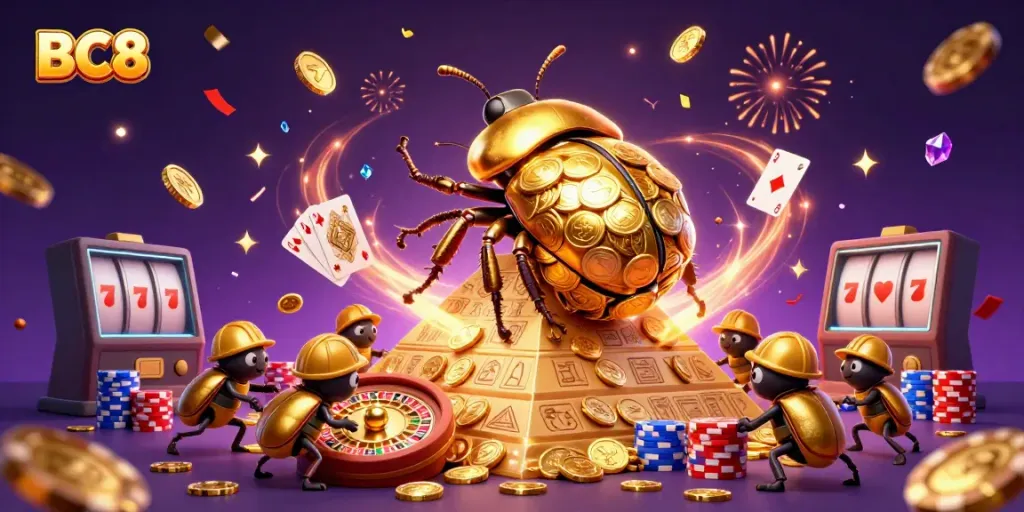 Experience the excitement at BC8 with a vibrant illustration featuring golden beetles, casino symbols, and dynamic gaming elements.