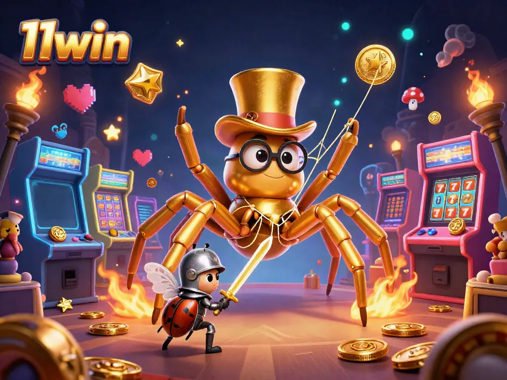Engage in thrilling action at 11win, featuring a golden tarantula and beetle knight in a bustling casino scene.