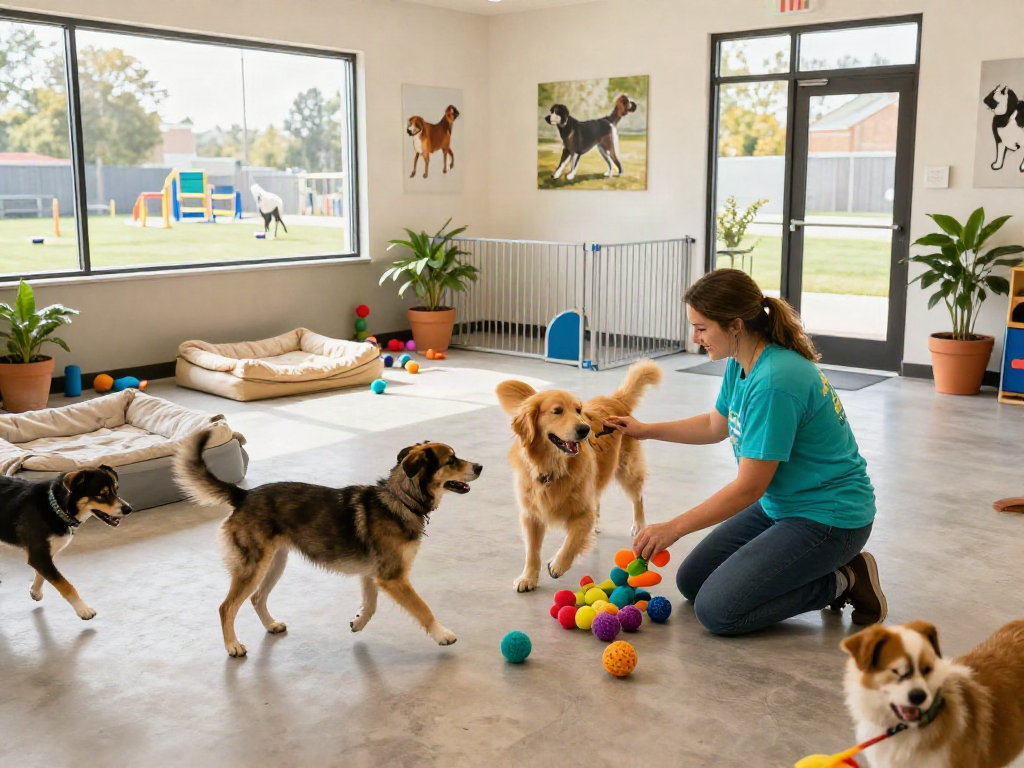 Dogs playing joyfully in a daycare, perfect for those looking to deposit 10k in premium pet services.