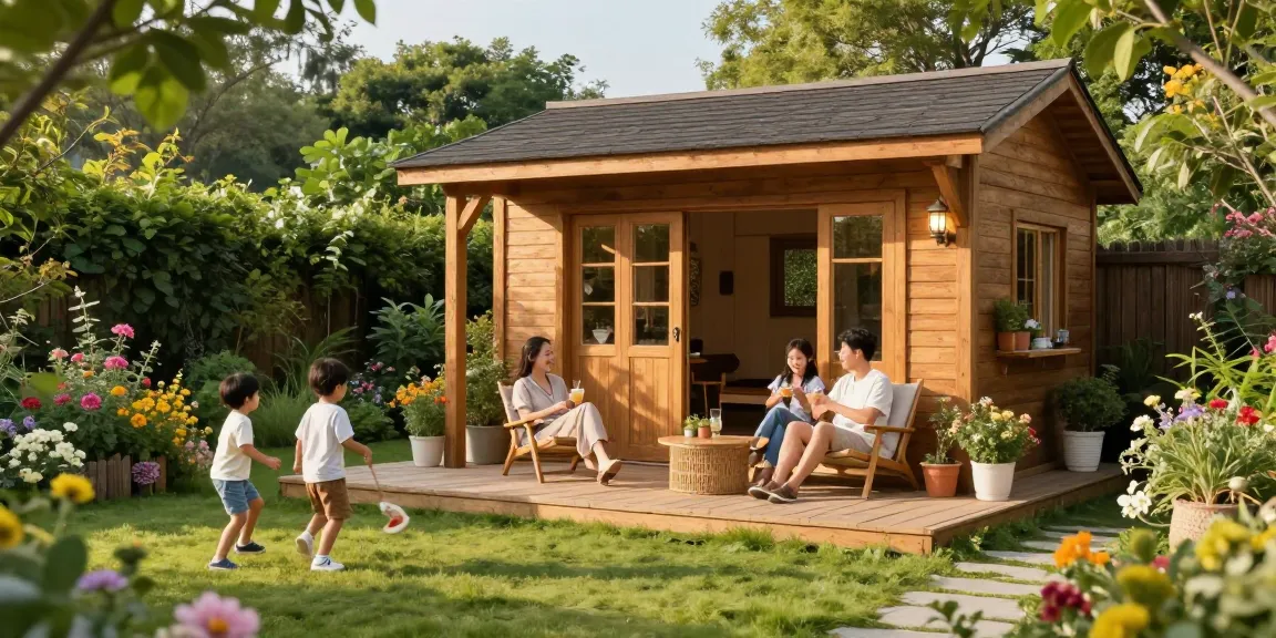 Schönes Gartenhaus umgeben von blühenden Beeten und einer Familie, die im Garten entspannt.