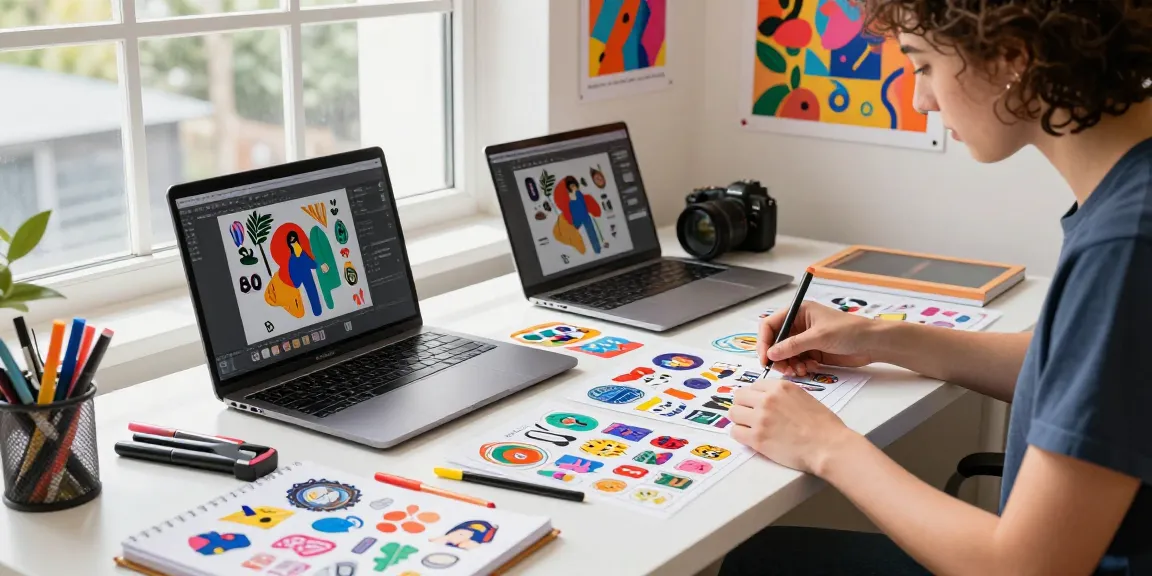 Creative designer arranging custom stickers in a vibrant workspace with design tools and colorful materials.