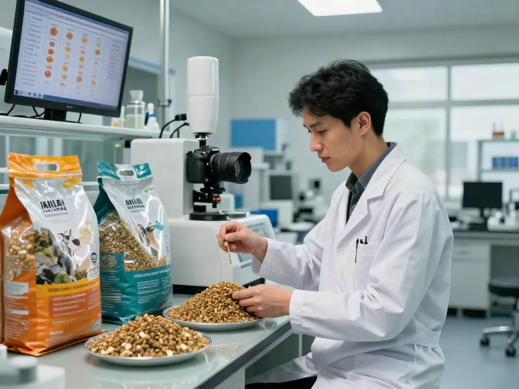 Expert assessing rokok88 login for high-quality animal feed in a laboratory.