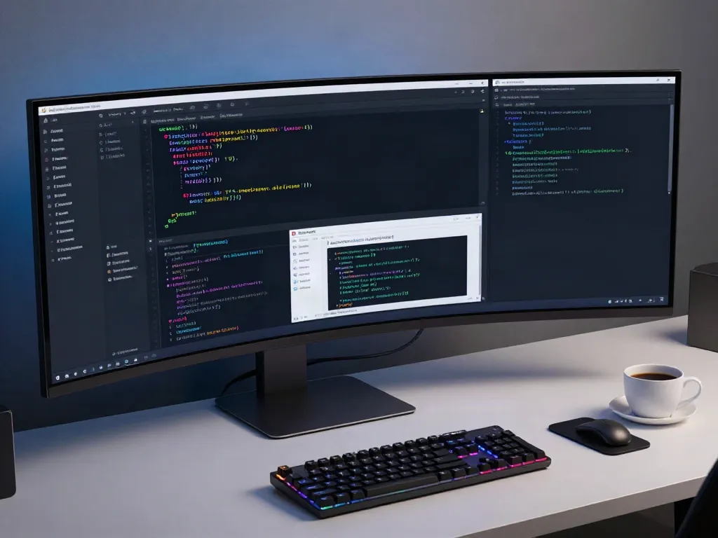 Code review interface on a modern developer's workspace showcasing software development tools.