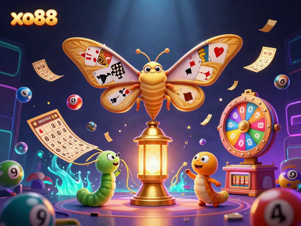 Engage with thrilling xo88 gaming scenes featuring a majestic moth, cards, and vibrant casino elements.