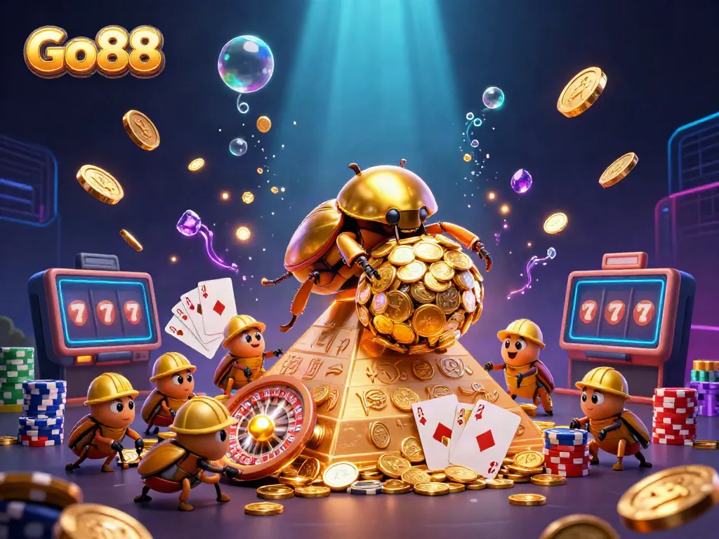 Experience thrilling gameplay with Go88 as a cartoon beetle rolls coins in a vibrant casino setting.