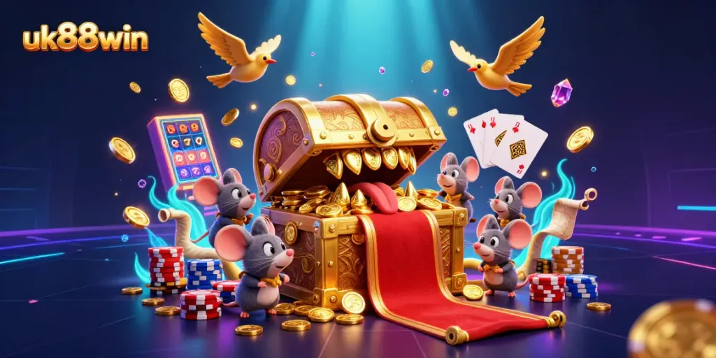Engage in thrilling gameplay at uk88win with treasure chests, slot machines, and dazzling casino elements.