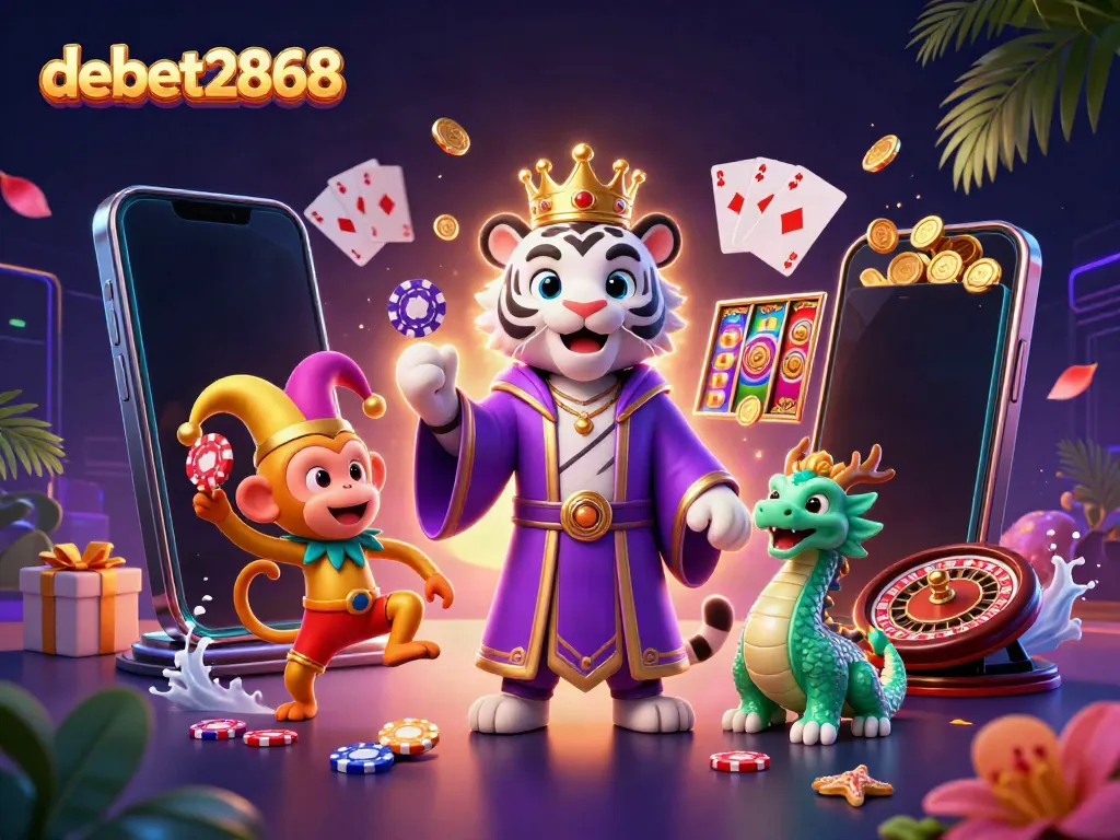 Engage in thrilling gameplay with debet2868's vibrant casino experience featuring a royal tiger and playful monkey.