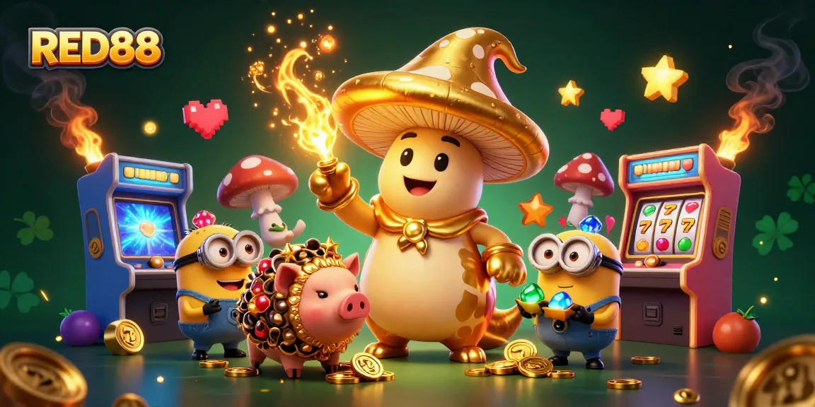 Join the excitement of the RED88 casino with a vibrant illustration showcasing a magical golden wizard and playful characters.