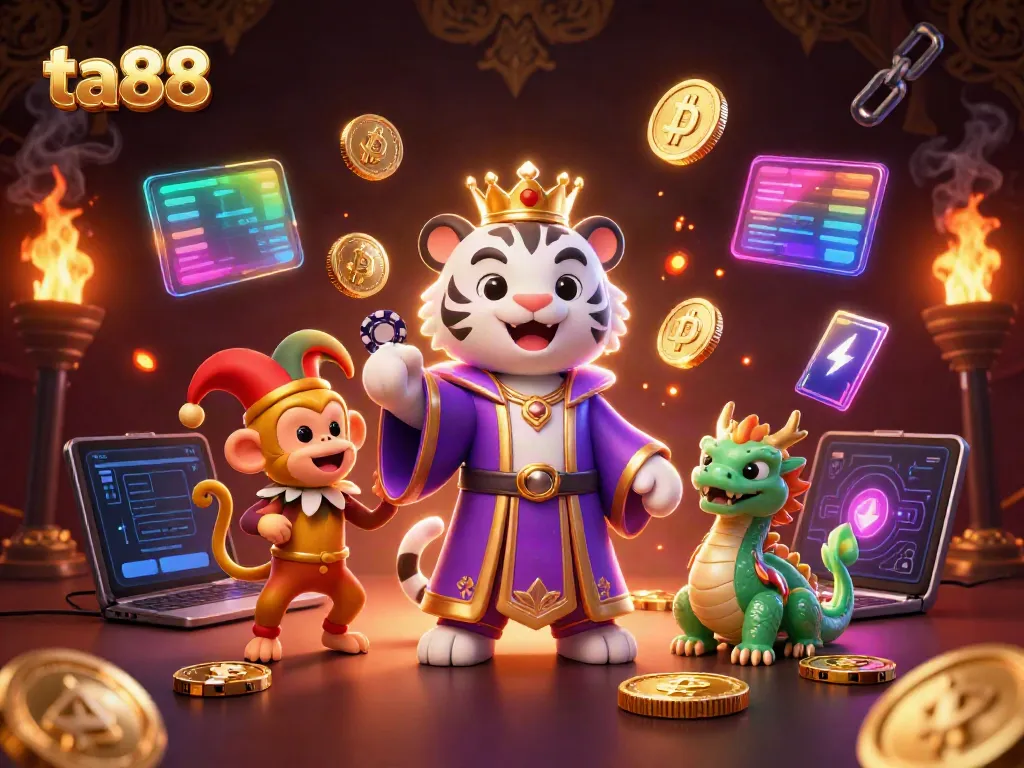 Engage with the exhilarating world of ta88 as the illustrated tiger, monkey, and dragon come to life amidst vibrant crypto elements.