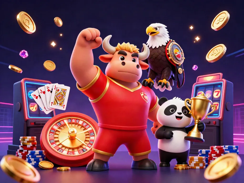Experience thrilling gaming with 9betz as the bull mascot wins big amidst dazzling casino symbols.